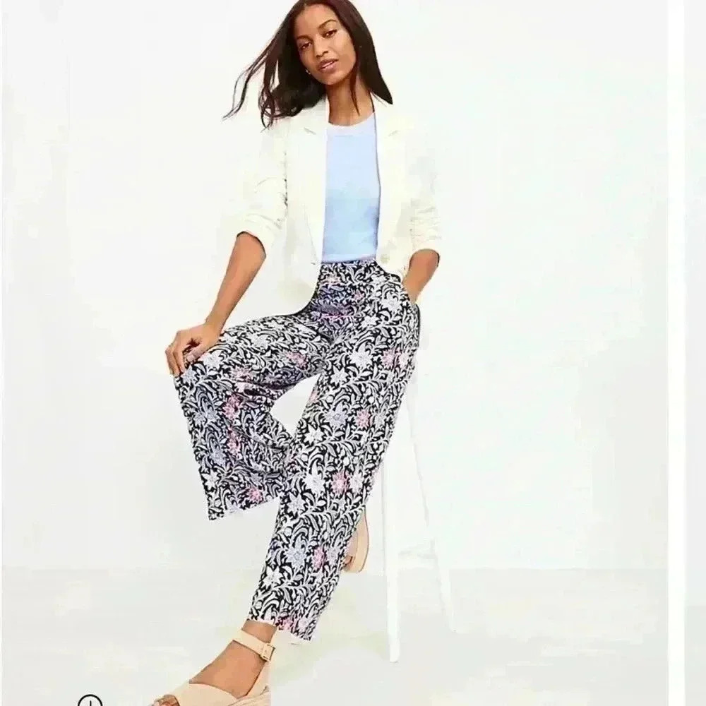 LOFT Women's Floral Wide Leg Crop in Spring Bloom Pants with Pockets Size MP